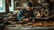 © somneuk - A talented young guy helps his father in the family business, cuts out blanks for shoes from leather