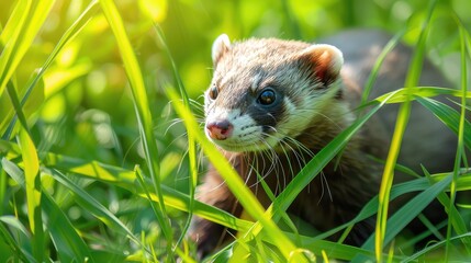 Wall Mural - ferret on a grass