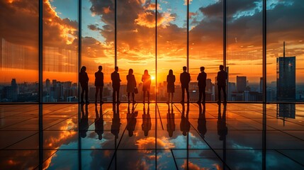 A group of people stand silhouetted in a large office space, facing a city skyline at sunset. Their reflections are mirrored on the shiny floor