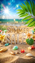 Wall Mural - Summer Sale, 3D Advertising Poster. Sea, Shells, Sand, Exotic Leaves on Background, Seasonal Offer Promotion, Advertisement.