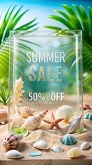 Wall Mural - Summer Sale, 3D Advertising Poster. Sea, Shells, Sand, Exotic Leaves on Background, Seasonal Offer Promotion, Advertisement.