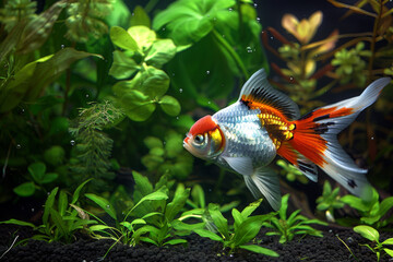 A Colorful Goldfish Swimming in a Planted Aquarium