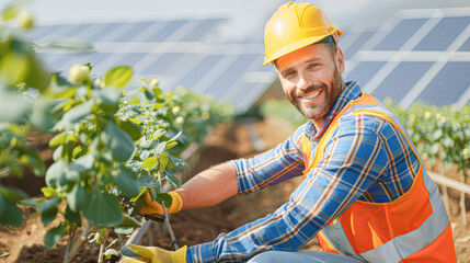 Poster - A man in a yellow helmet and orange vest is smiling while working in a field