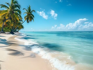  Tranquil Tropical Beach with Swaying Palm Trees and Crystal Clear Turquoise Waters