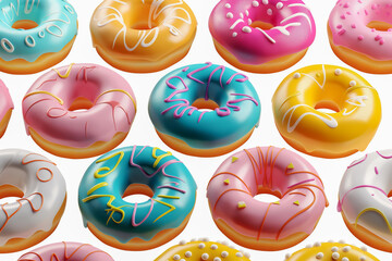 Collection of round donut doughnut, glazed sprinkles set, top view on white background cutout file. Many assorted different. Mockup template for artwork