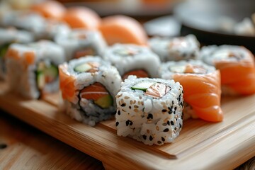 Wall Mural - Delicious Assortment of Sushi Rolls on a Wooden Platter