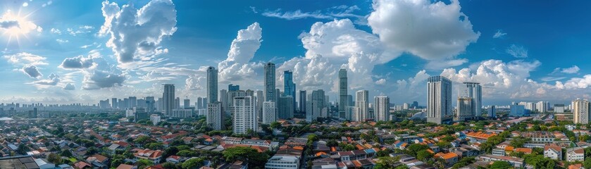 Wall Mural - A city skyline with a river running through it. The sky is a beautiful orange and pink color