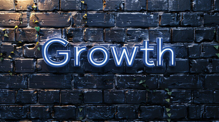 Aufkleber - Blue neon sign showing growth mounted on a black brick wall with climbing plants