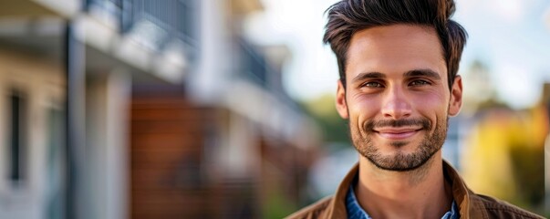 A smiling man in a casual outfit stands outdoors, exuding confidence and warmth against a blurred background.