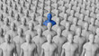 © Mihai Zaharia - Distinct Blue Figure Among White Mannequins in a Crowd. Conceptual Illustration.. 3D rendering