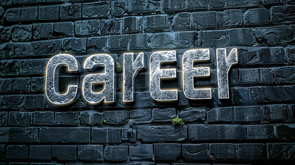 Poster - 3d rendering of a metallic career sign illuminating a dark brick wall