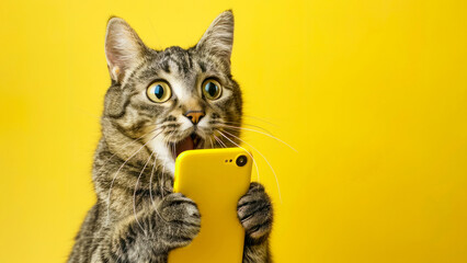 Cute cat shocked hold in hands use mobile cell phone isolated on yellow color background. Funny shopping concept, little kitten holds phone surprised