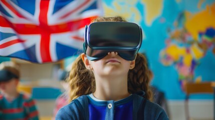 Aufkleber - A young girl experiences virtual reality in a classroom decorated with a world map and a Union Jack flag while classmates engage in similar activities.