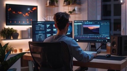 Aufkleber - A person edits video content on dual monitors in a stylish home office illuminated by soft lighting.