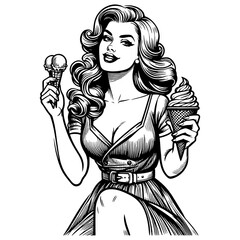 smiling pin-up girl with wavy hair with two ice cream cones, retro style sketch engraving generative ai fictional character PNG illustration. Scratch board imitation. Black and white image.