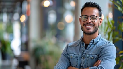 Poster - Confident Entrepreneur: A young, stylish professional with a warm smile and arms crossed, exuding confidence in a modern co-working space. 