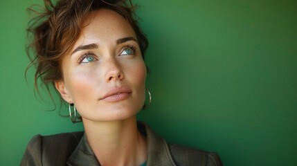 Thoughtful Gaze:  A woman with captivating blue eyes and windswept brown hair gazes pensively upward against a vibrant green backdrop, conveying a sense of introspection and contemplation. 