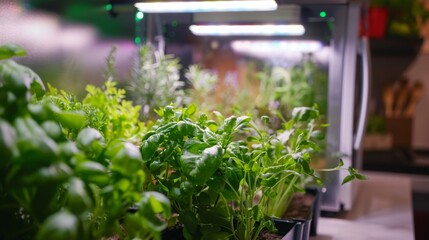 Poster - A close-up of a variety of green herbs growing in pots under grow lights. The plants are lush and healthy, showing the benefits of indoor gardening.