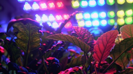 Poster - Plant leaves illuminated by a grid of multicolored lights.
