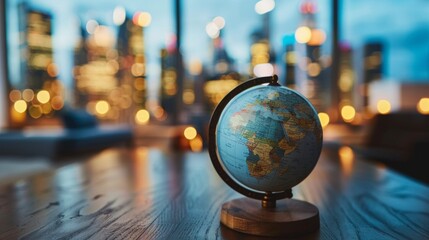 A globe sits on a wooden table in front of a city skyline