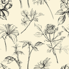 Wall Mural - Hand drawn flowers pattern. Ink floral vintage illustration.