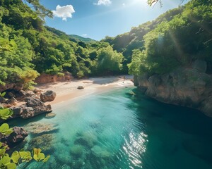 Poster - Serene Turquoise Cove Surrounded by Lush Green Forest Landscape