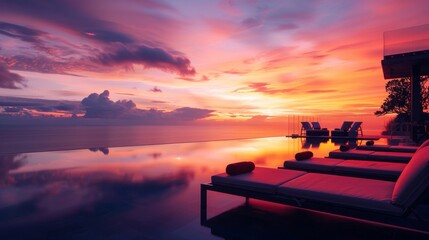 Wall Mural - A serene infinity pool captures the stunning hues of sunset, blending seamlessly with the ocean horizon, inviting relaxation and tranquility