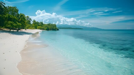 Poster - Serene Tropical Beach Lagoon with Soft White Sand and Calm Waters Perfect for Relaxation and Reflection