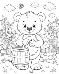 Cute Bear Cub Holding a Barrel in a Meadow Surrounded by Plants and Trees. Generative AI