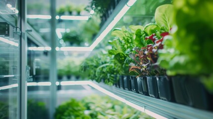 Poster - Rows of plants grow under artificial light inside a vertical farm.