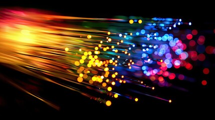 Fiber optic cables glowing in various colors, captured in a close-up shot, creating a dynamic visual effect.
