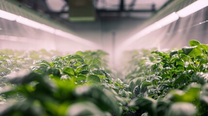 Poster - A close-up view of rows of green plants in an indoor setting. The plants are being misted with water, and the room is lit by overhead lights.