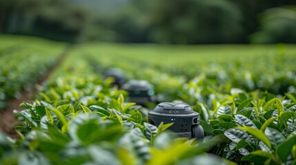 Robots powered by solar energy harvest tea leaves in lush green fields, showcasing innovation in agricultural technology and sustainability efforts.