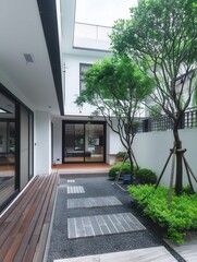 Wall Mural - a courtyard with trees and a wood deck