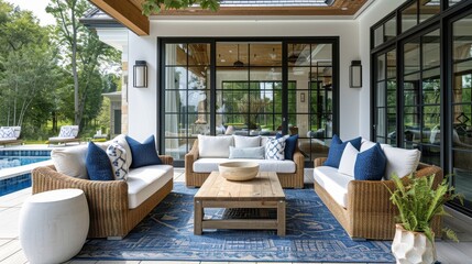 A living room with a large window overlooking the ocean. The room is decorated in a minimalist style with white furniture and blue accents. A potted plant sits on a table in the center of the room