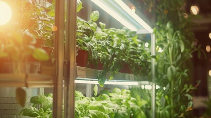 Poster - A close-up shot of a vertical indoor herb garden illuminated by artificial lights. The plants are thriving, showcasing the benefits of controlled growing environments.