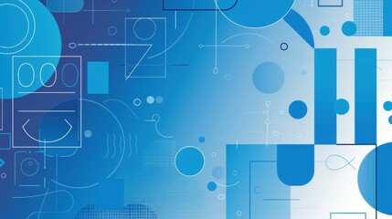 Poster - Abstract blue geometric background with circles, squares and lines.
