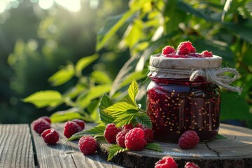 Wall Mural - a jar of raspberries and raspberries on a wood surface