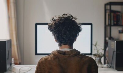 Over shoulder shot of a young woman using computer in front of an blank white computer screen in home, Generative AI