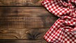 © Raool - Top view of red checkered tablecloth on blank empty wooden table background banner, food concept, Generative AI