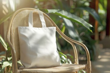 Blank empty white canvas tote bag mockup on chair with sunlight, for display design, eco friendly concept, Generative AI