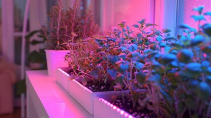Poster - Indoor plants are growing under pink and blue grow lights. A window is visible in the background, providing natural light.