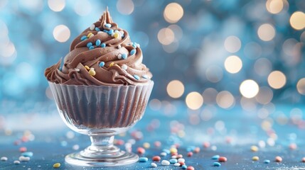 Poster - Chocolate cream birthday cupcake in glass bowl on blue background with bokeh lights copy space focused with shallow depth of field