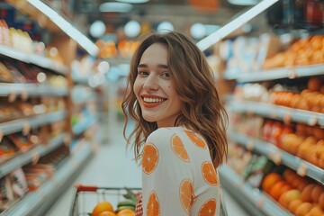 Cheerful lady doing shopping, buying products in supermarket, pushing trolley cart and smiling at camera, Generative AI