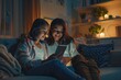© Raool - Mother and her teen daughter using digital tablet, watching videos or having video call with family, sitting on sofa at home interior, Generative AI