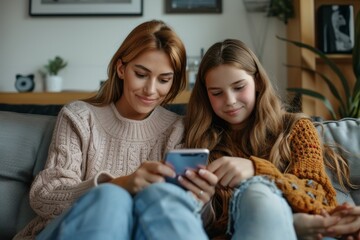 Happy European family mom with teen daughter using cellphone together at home, watching social media videos, doing online shopping, sitting on sofa, Generative AI