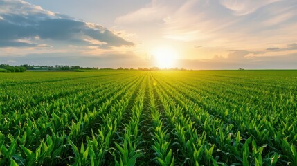 Poster - A field of corn is shown in the foreground with a beautiful sunset in the background. The sun is setting behind the corn, creating a warm and peaceful atmosphere