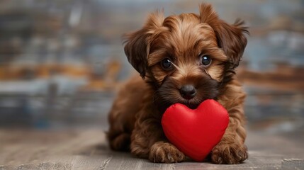 Brown puppy with heart on lovely card for family friends and colleagues Indoor close up studio shot Celebrating pets love