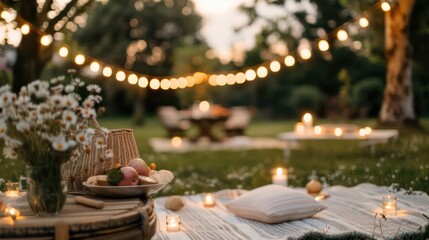 Poster - A picnic table with a basket of fruit and a vase of flowers. The table is surrounded by candles and lights, creating a warm and inviting atmosphere