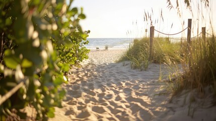 A beach with a path leading to it. The path is lined with grass and there are two chairs on the beach